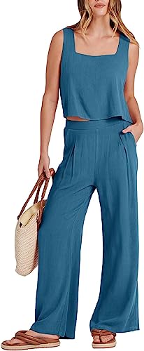 Women’s 2 Piece Outfits Square Neck Linen Tank Crop Top Wide Leg Pants Matching Lounge Set Tracksuit