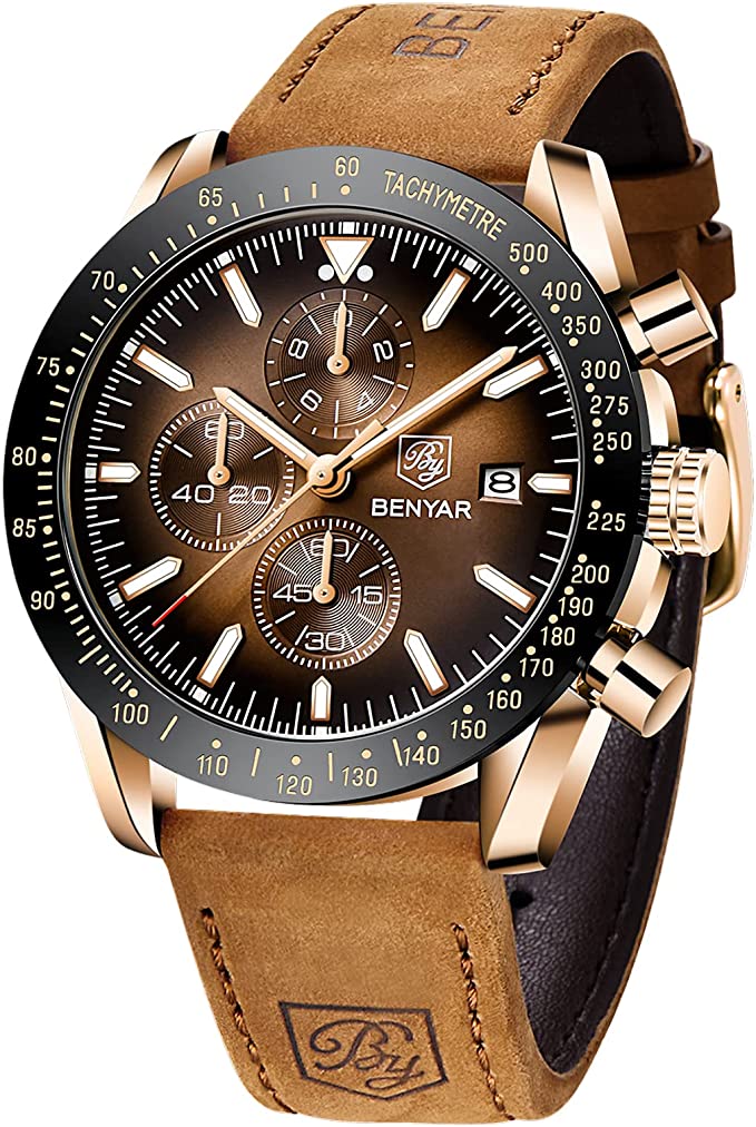Mens Watches Quartz Movement Chronograph Leather Strap Fashion Business Sport Design 30M Waterproof Scratch Resistant Wristwatch Elegant Watch Gifts for Men