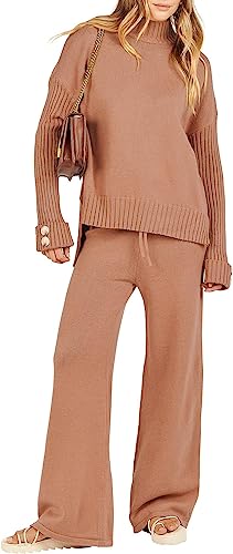 Women’s Two Piece Outfits Sweater Sets Long Sleeve Knit Pullover and Wide Leg Pants Lounge Sets